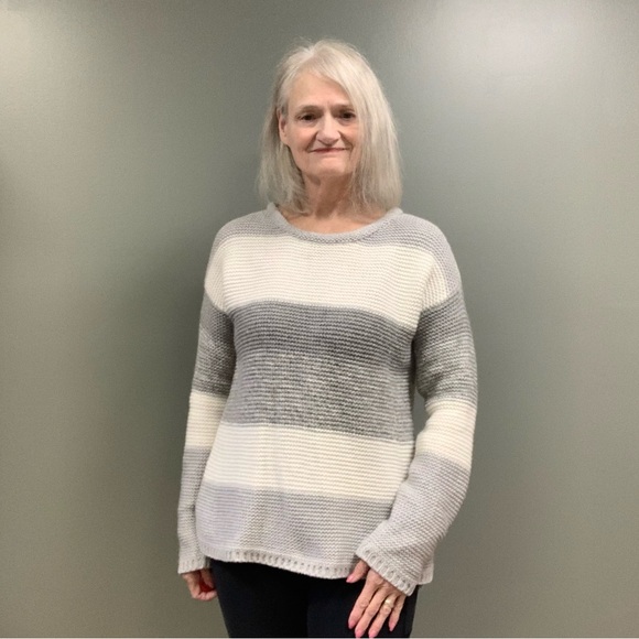 Calvin Klein Jeans Textured Gray Cream Striped Colorblock Metallic Sweater MD - Picture 4 of 14